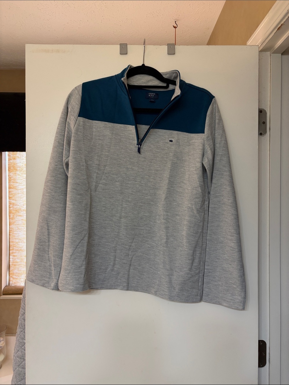 Crown and Ivy Kids Zip-Up Pullover Sweater - Grey with Teal Yoke